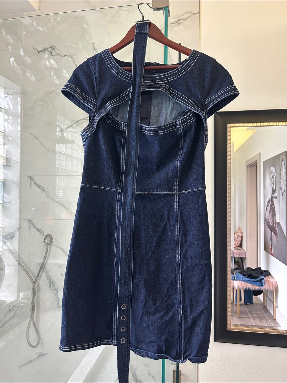 Anthropologie Dark Blue Denim Cutout Mini Dress